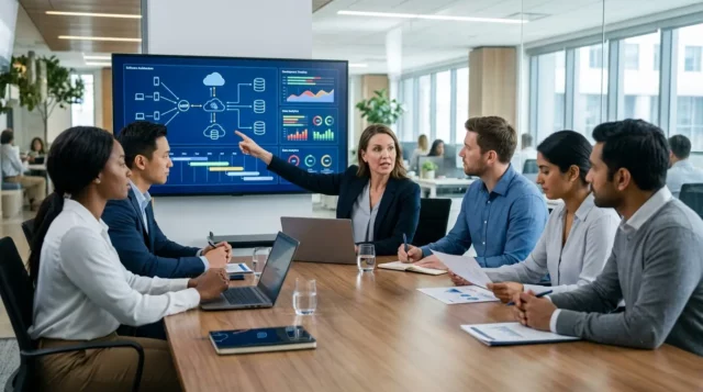 A diverse business team evaluating software architecture and project timelines on a display monitor in a modern U.S. technology office conference room.