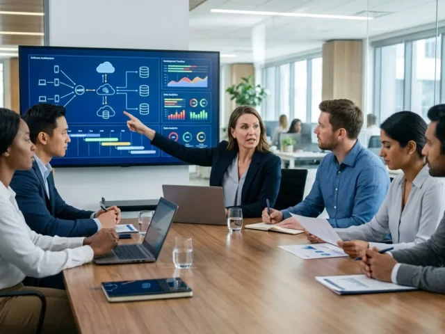 A diverse business team evaluating software architecture and project timelines on a display monitor in a modern U.S. technology office conference room.