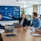 A diverse business team evaluating software architecture and project timelines on a display monitor in a modern U.S. technology office conference room.