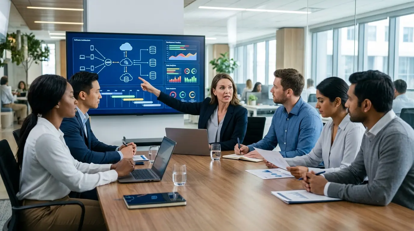 A diverse business team evaluating software architecture and project timelines on a display monitor in a modern U.S. technology office conference room.