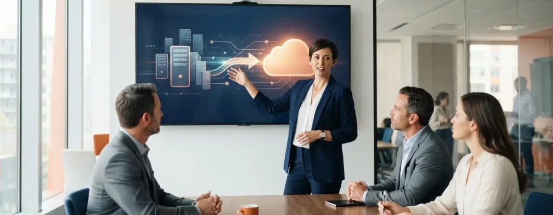 A businesswoman in a blazer points at a large screen displaying a server to cloud migration graphic during a meeting.