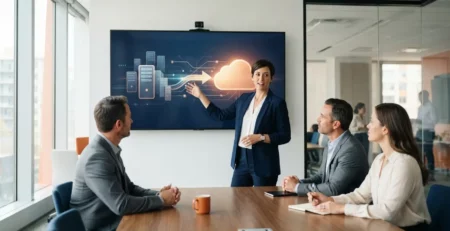 A businesswoman in a blazer points at a large screen displaying a server to cloud migration graphic during a meeting.