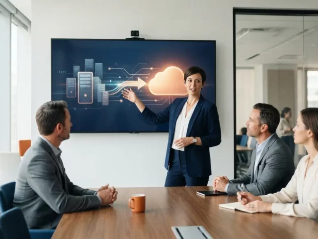 A businesswoman in a blazer points at a large screen displaying a server to cloud migration graphic during a meeting.