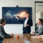 A businesswoman in a blazer points at a large screen displaying a server to cloud migration graphic during a meeting.