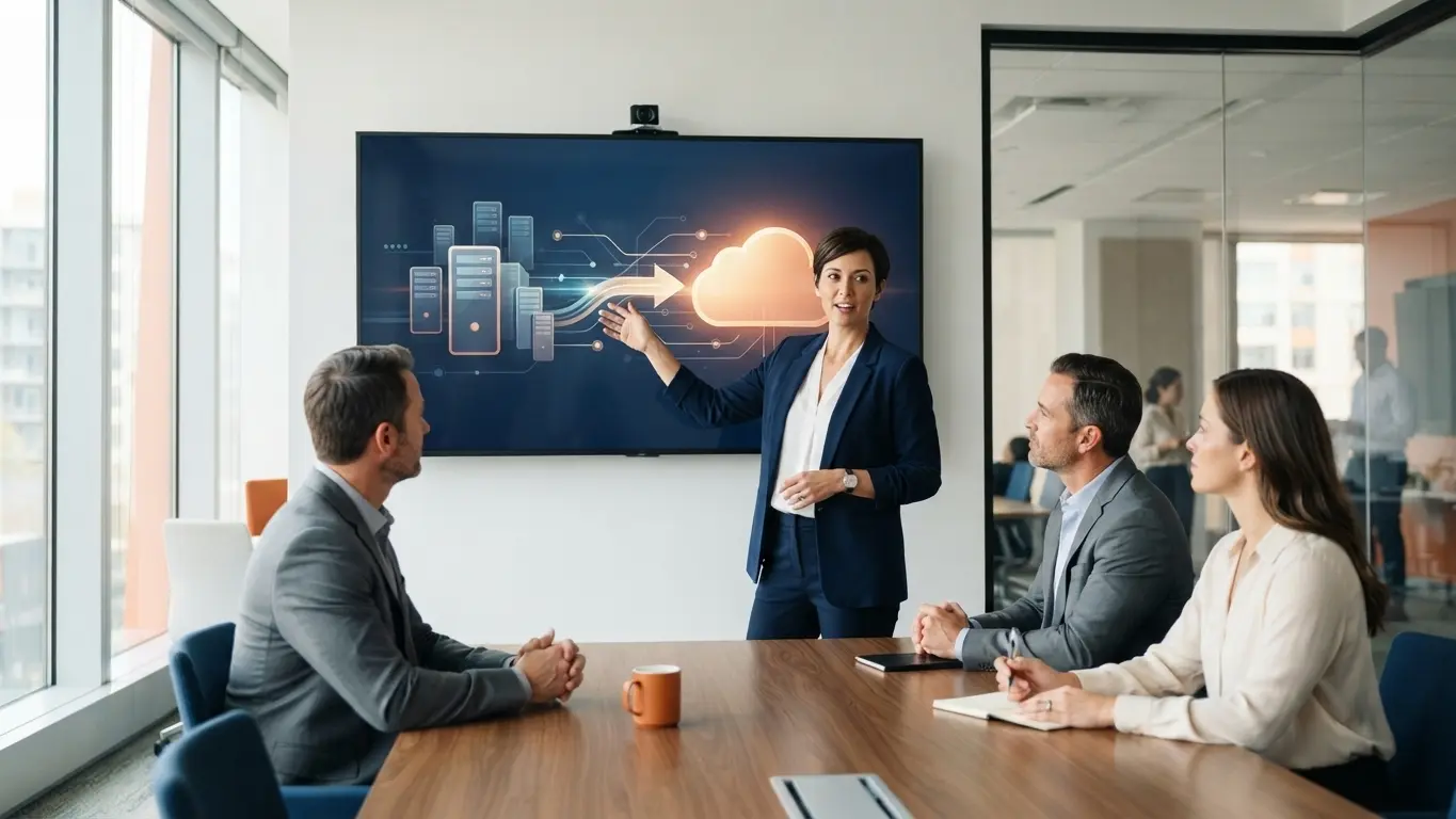 A businesswoman in a blazer points at a large screen displaying a server to cloud migration graphic during a meeting.
