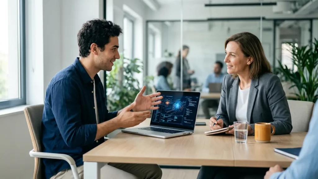 A man gestures while explaining data on a laptop screen to a colleague in a bright office meeting room.