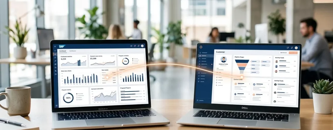 Two open laptops on a office desk showing connected business dashboards with a glowing line between them.