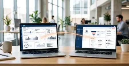 Two open laptops on a office desk showing connected business dashboards with a glowing line between them.