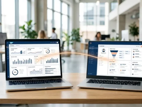 Two open laptops on a office desk showing connected business dashboards with a glowing line between them.