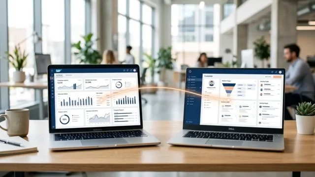 Two open laptops on a office desk showing connected business dashboards with a glowing line between them.