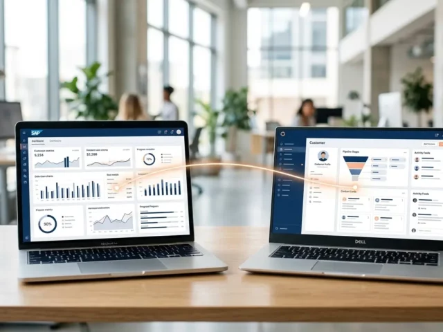 Two open laptops on a office desk showing connected business dashboards with a glowing line between them.
