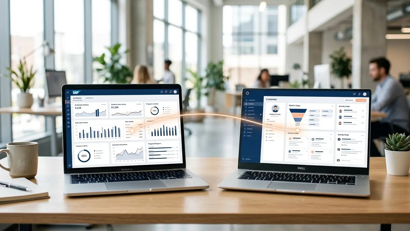 Two open laptops on a office desk showing connected business dashboards with a glowing line between them.