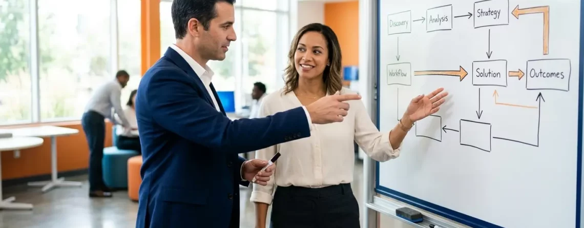 Two professionals point to a whiteboard process diagram during a business strategy session.