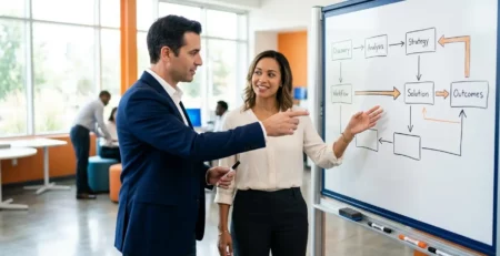 Two professionals point to a whiteboard process diagram during a business strategy session.
