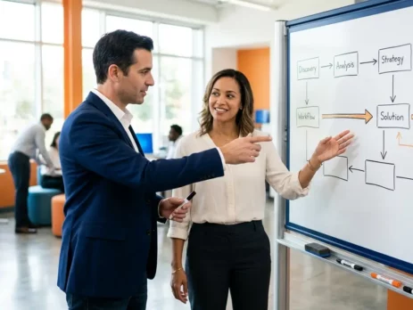 Two professionals point to a whiteboard process diagram during a business strategy session.