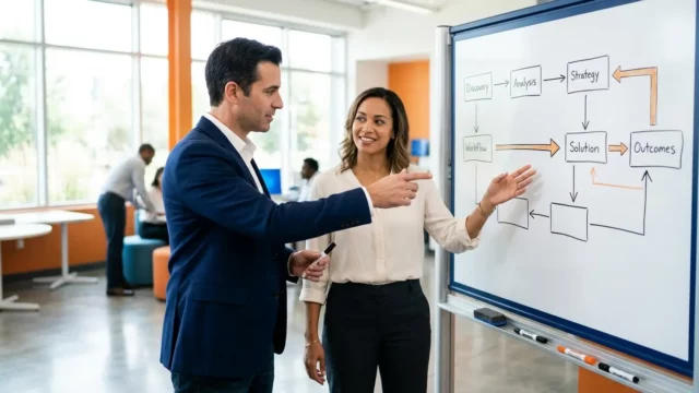 Two professionals point to a whiteboard process diagram during a business strategy session.