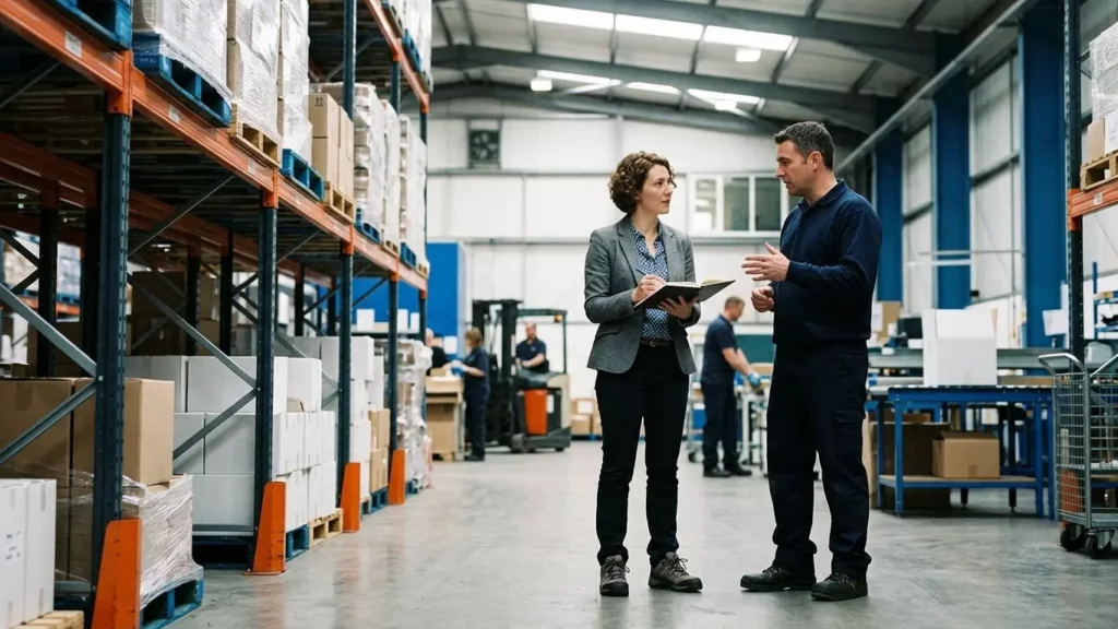 A consultant holding a notepad speaks with a worker inside a busy warehouse aisle.