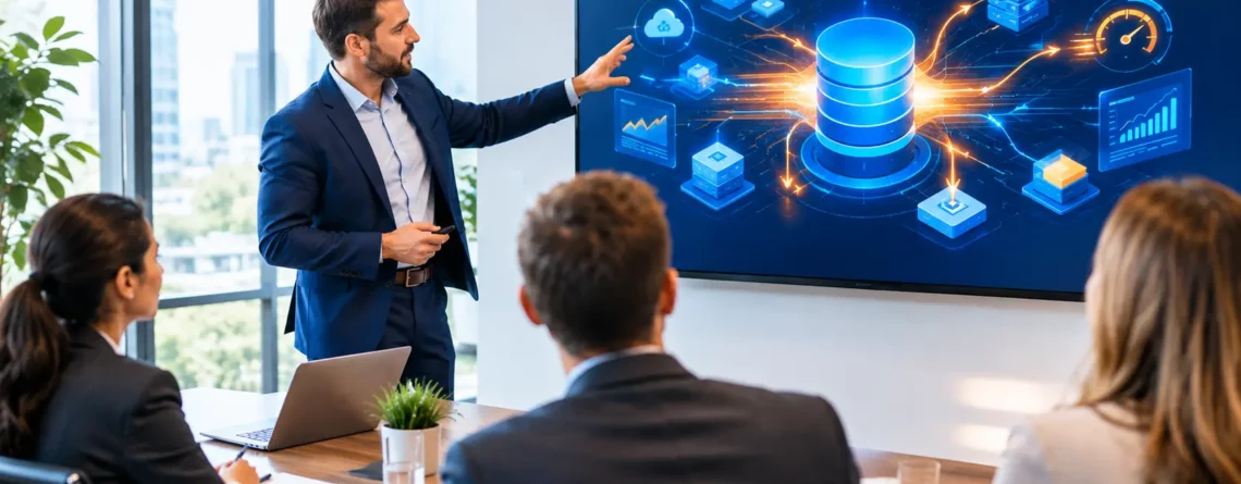 Consultant presenting S/4HANA data architecture diagram to business stakeholders in a meeting room.