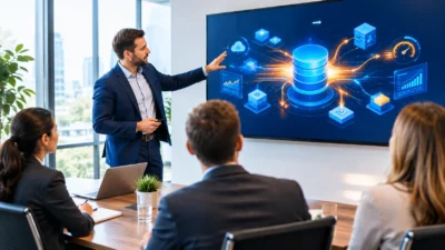 Consultant presenting S/4HANA data architecture diagram to business stakeholders in a meeting room.