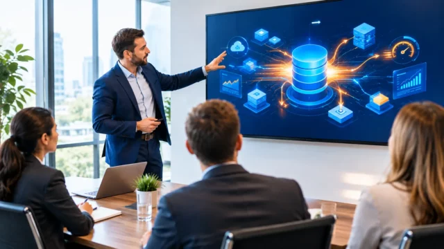 Consultant presenting S/4HANA data architecture diagram to business stakeholders in a meeting room.