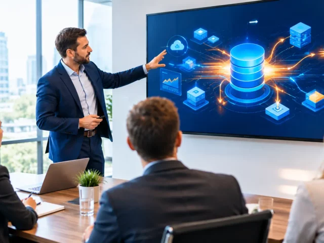 Consultant presenting S/4HANA data architecture diagram to business stakeholders in a meeting room.
