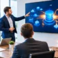 Consultant presenting S/4HANA data architecture diagram to business stakeholders in a meeting room.