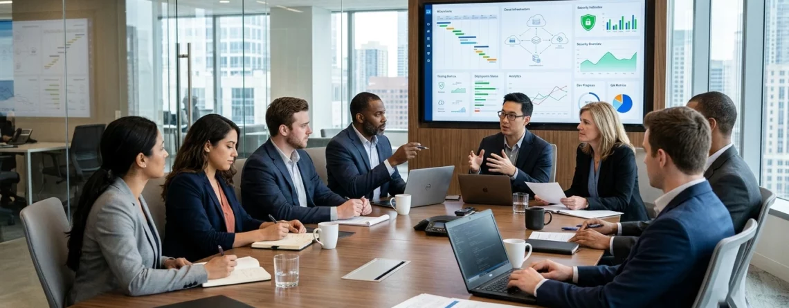 Diverse business team in formal suits seated around a conference room table during a strategy meeting, reviewing performance metrics and project roadmaps on a large display screen.