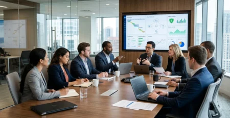 Diverse business team in formal suits seated around a conference room table during a strategy meeting, reviewing performance metrics and project roadmaps on a large display screen.