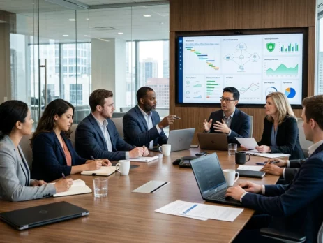 Diverse business team in formal suits seated around a conference room table during a strategy meeting, reviewing performance metrics and project roadmaps on a large display screen.