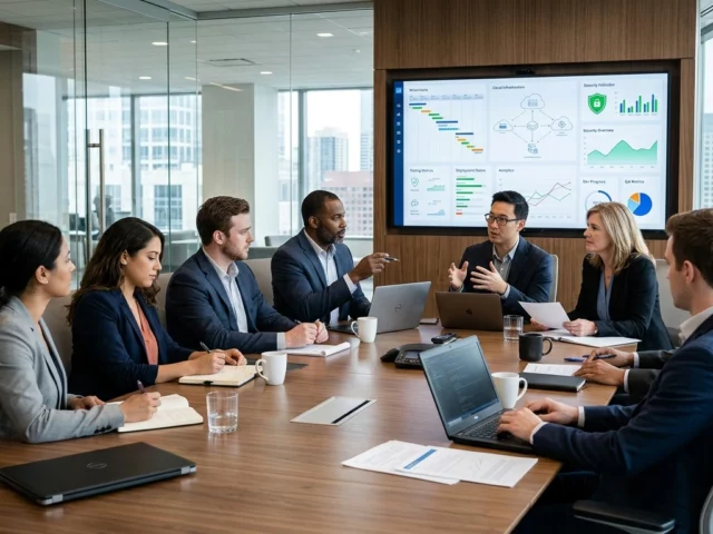 Diverse business team in formal suits seated around a conference room table during a strategy meeting, reviewing performance metrics and project roadmaps on a large display screen.