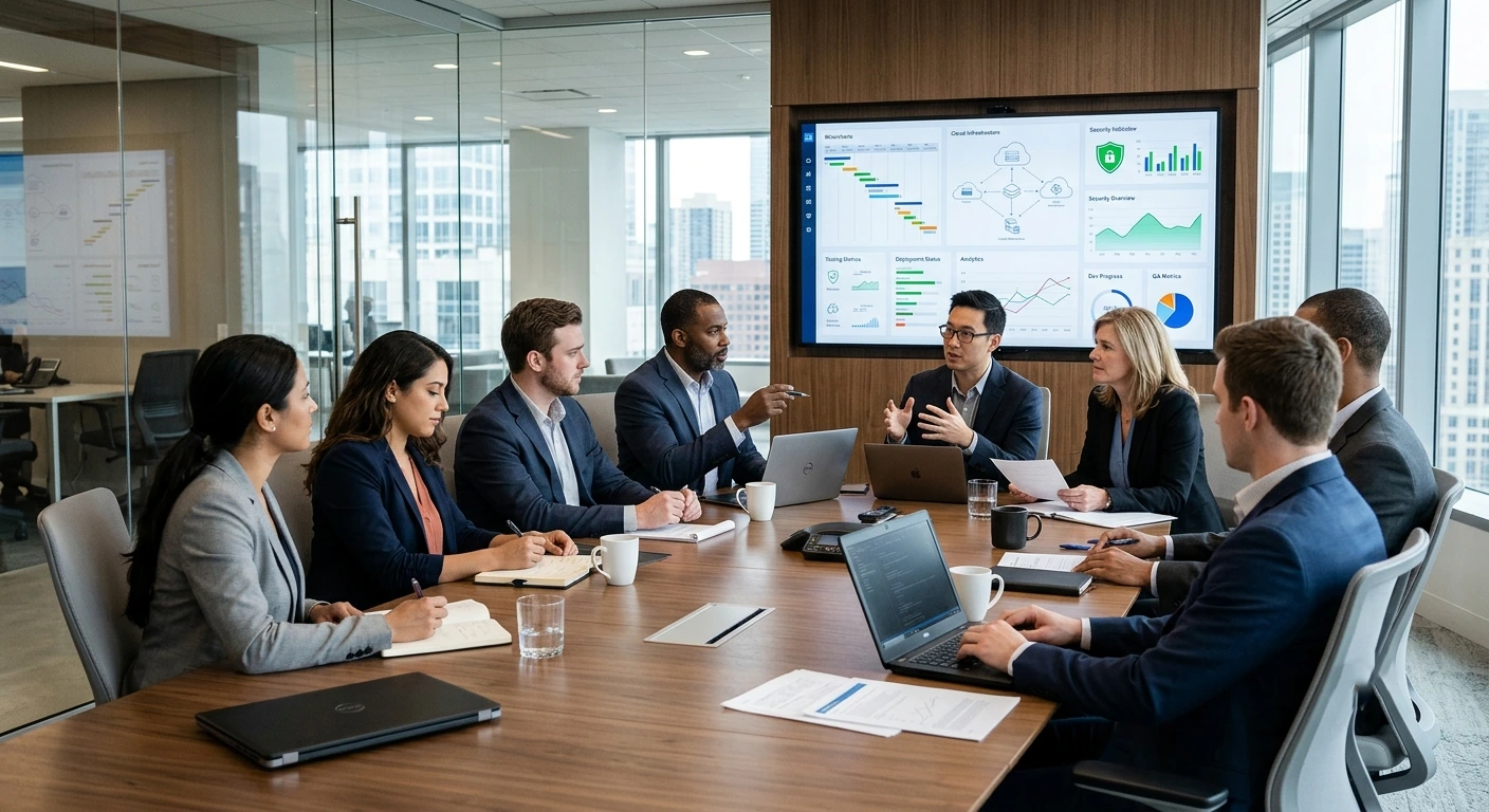 Diverse business team in formal suits seated around a conference room table during a strategy meeting, reviewing performance metrics and project roadmaps on a large display screen.