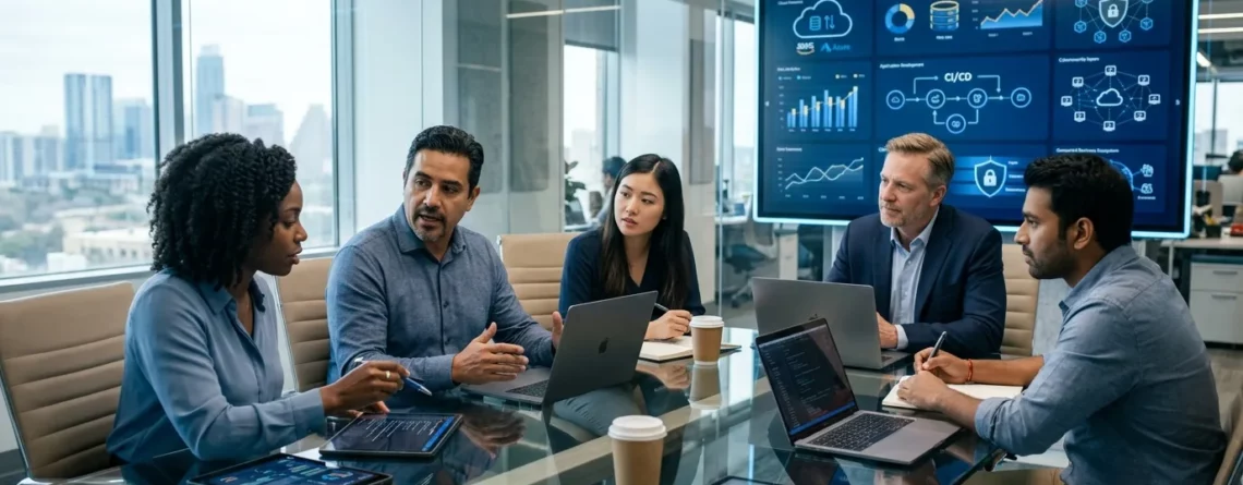 Diverse business and tech team collaborating around a glass conference table with software analytics on a wall monitor.