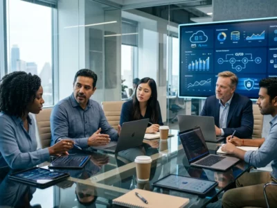 Diverse business and tech team collaborating around a glass conference table with software analytics on a wall monitor.