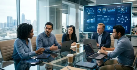 Diverse business and tech team collaborating around a glass conference table with software analytics on a wall monitor.