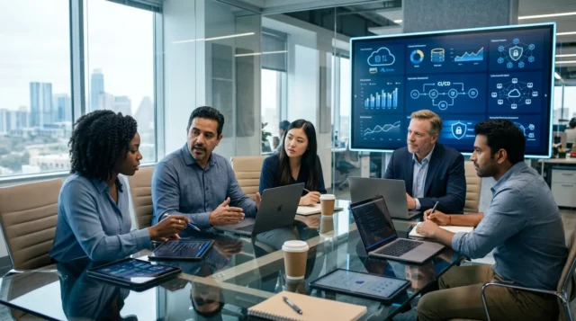 Diverse business and tech team collaborating around a glass conference table with software analytics on a wall monitor.