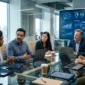 Diverse business and tech team collaborating around a glass conference table with software analytics on a wall monitor.