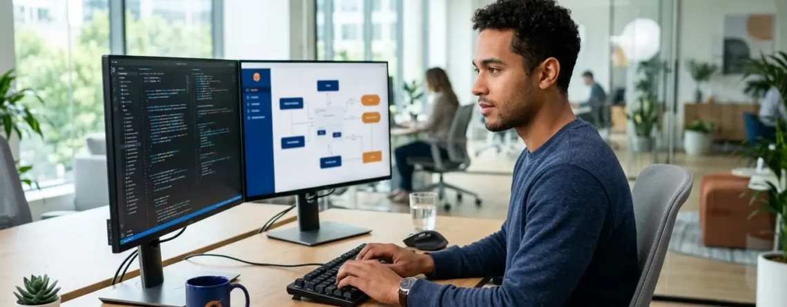 A software developer works at his desk with two monitors displaying code and a flowchart, in a modern office.