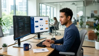 A software developer works at his desk with two monitors displaying code and a flowchart, in a modern office.