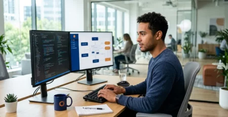 A software developer works at his desk with two monitors displaying code and a flowchart, in a modern office.