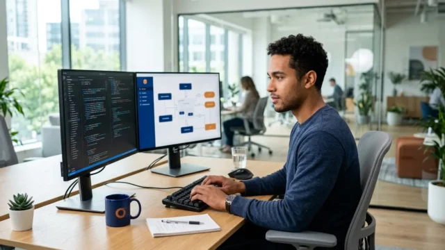 A software developer works at his desk with two monitors displaying code and a flowchart, in a modern office.