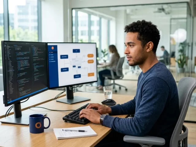 A software developer works at his desk with two monitors displaying code and a flowchart, in a modern office.