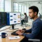 A software developer works at his desk with two monitors displaying code and a flowchart, in a modern office.