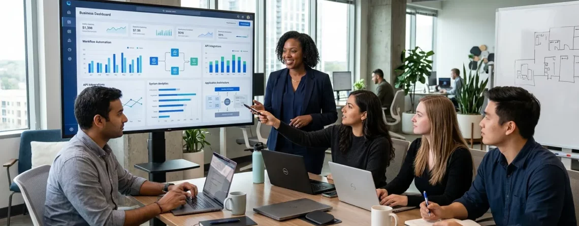 A diverse team of five software developers, project managers, and analysts collaborating around a large monitor displaying a business dashboard in a modern, naturally lit office.