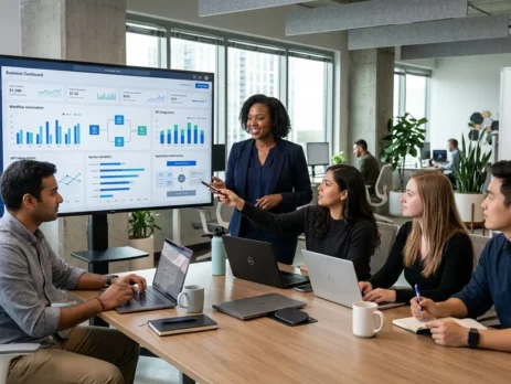 A diverse team of five software developers, project managers, and analysts collaborating around a large monitor displaying a business dashboard in a modern, naturally lit office.