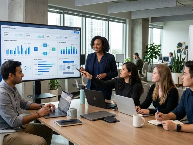 A diverse team of five software developers, project managers, and analysts collaborating around a large monitor displaying a business dashboard in a modern, naturally lit office.