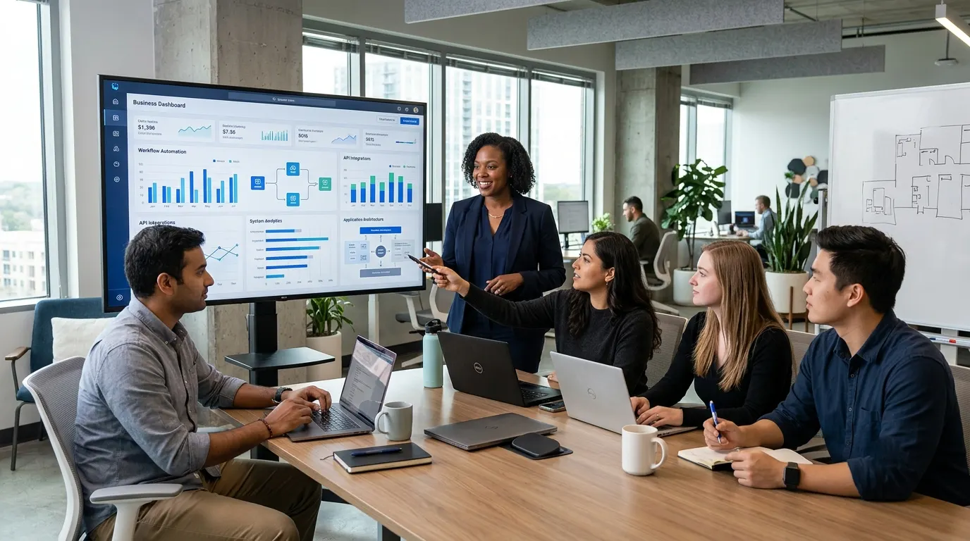 A diverse team of five software developers, project managers, and analysts collaborating around a large monitor displaying a business dashboard in a modern, naturally lit office.