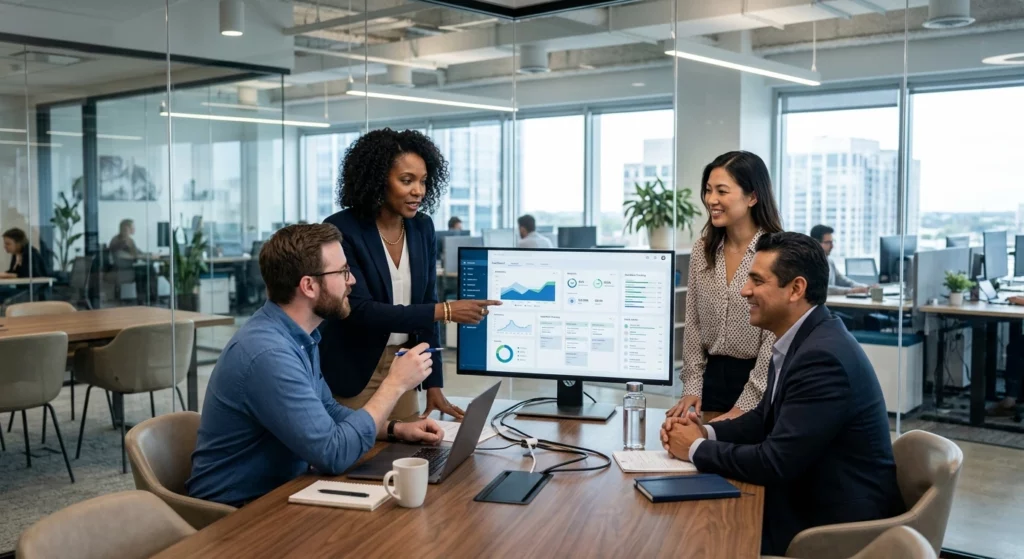 A group of four diverse colleagues gathered around a conference room table in a modern office, with a woman pointing at a business analytics dashboard displayed on a large computer screen