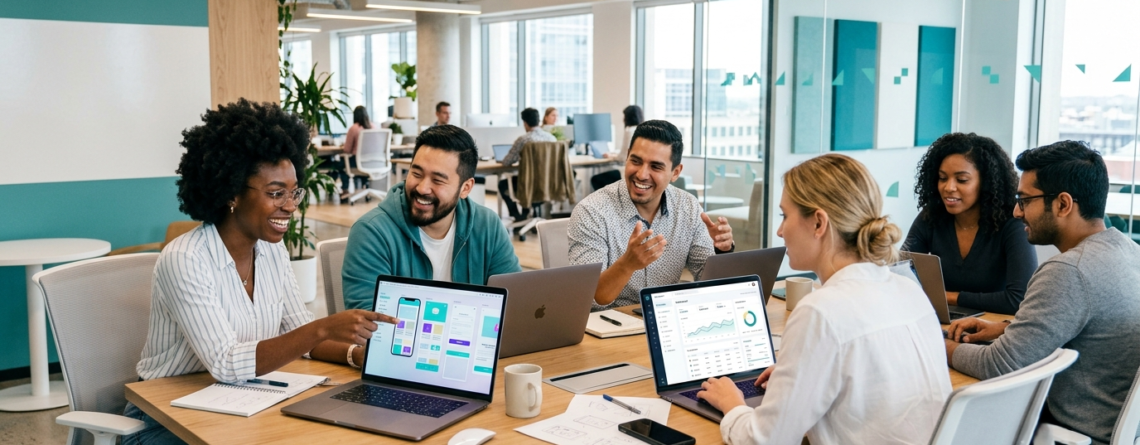 Fintech team collaborating with a staffing partner on a new product launch