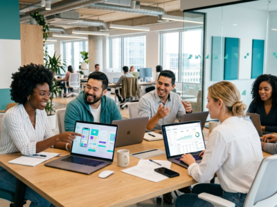 Fintech team collaborating with a staffing partner on a new product launch