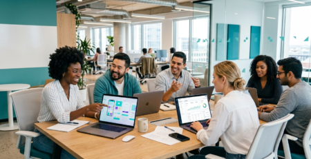 Fintech team collaborating with a staffing partner on a new product launch